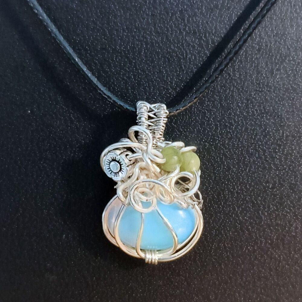 Luminous Pumpkin | Hand-wrapped Opalite Pendant with Jade & Flower Accent